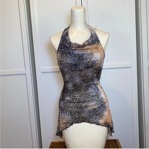 Y2K Sirens Asymmetrical Backless Sheer Halter Floral Top